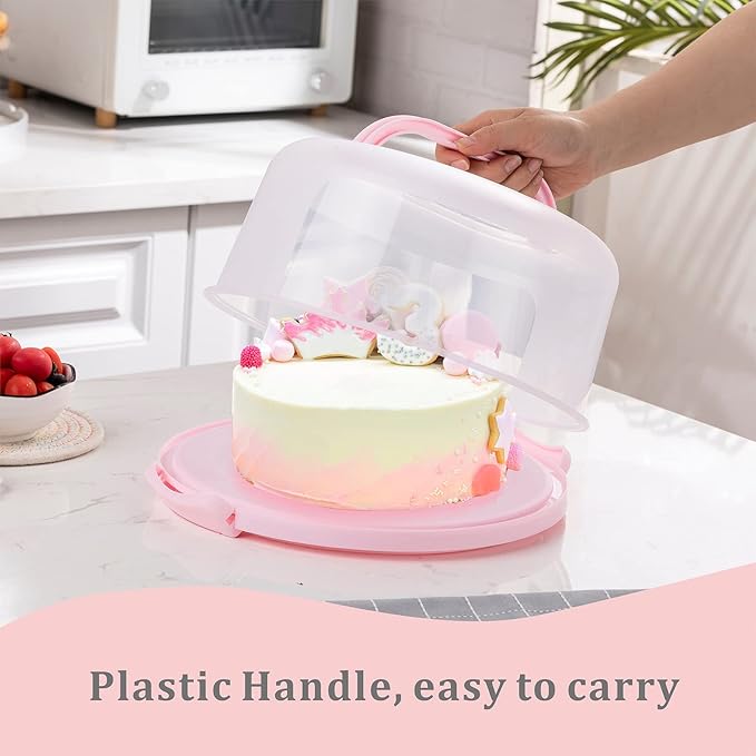 10in Plastic Cake Carrier with Handle, Round Cake Holder with Lid Pink Cake Container for 6in/8in/10in Cake(pink)