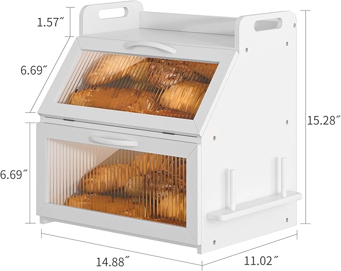 Bread Box, Bread Box for Kitchen Countertop, Large Bread Storage Container for Homemade Bread, Wooden Farmhouse Breadbox Organizers, Double Layer Bread Bin with Acrylic Window Bread Holder,White
