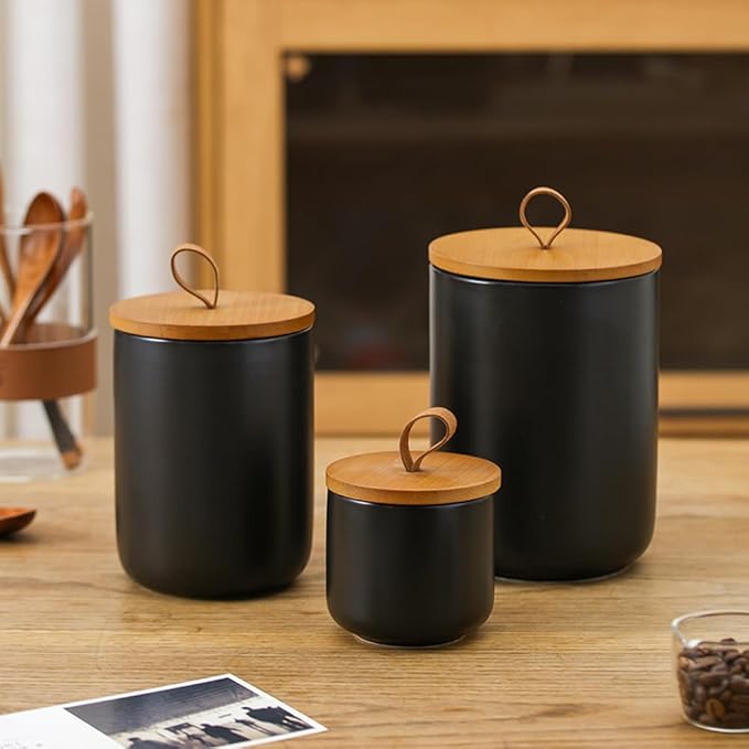 Ceramic Storage Jars, Modern Elegant Highly Polished Airtight Gorgeous Storage Canisters with Wooden Lid Small Food Stroage Jar for Kitchen Spice Tea Vanilla Sugar Coffee Beans (Black trumpet)
