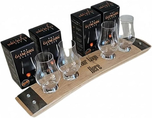 Personalized Premium 4 Glass Whiskey Flight/Engraved Center/Personalized Gift/Crystal Glass Option/Natural Oak Color (Your Logo/Design)