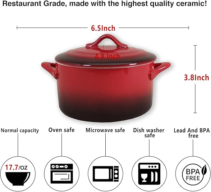 Ceramic Mini Cocotte Set, 17.7 Ounces Small Casserole Dishes with Lids and Handles, Individual Baking Ramekins, Oven, Microwave & Dishwasher Safe (Inner white outer gradient Red glaze)