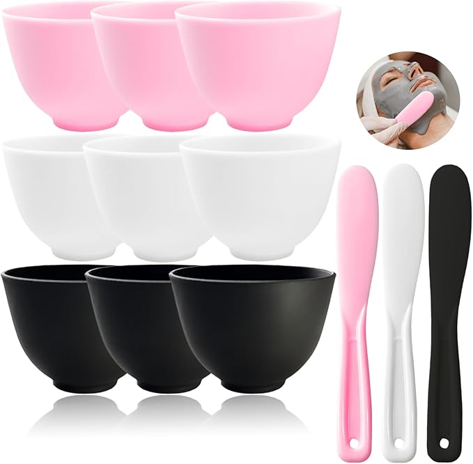 12Pcs Face Mask Mixing Bowl Set DIY Silicone Facial Mask Bowl for Home Salon Spa Face Skin Applicator Bowl with Stir Sticks, Black,White,Pink