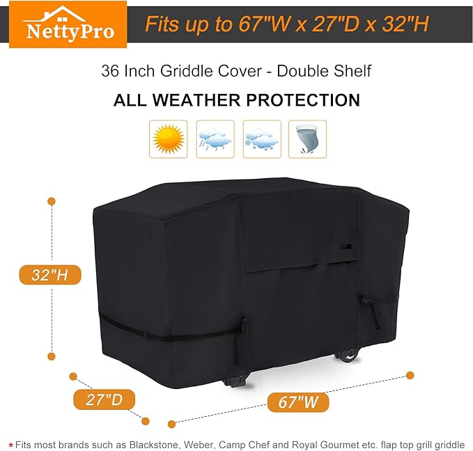 NettyPro Griddle Cover for Blackstone 36 inch Griddle, Waterproof UV Resistant 4 Burner Flat Top Gas Grill Cover 36" Cooking Station, Black