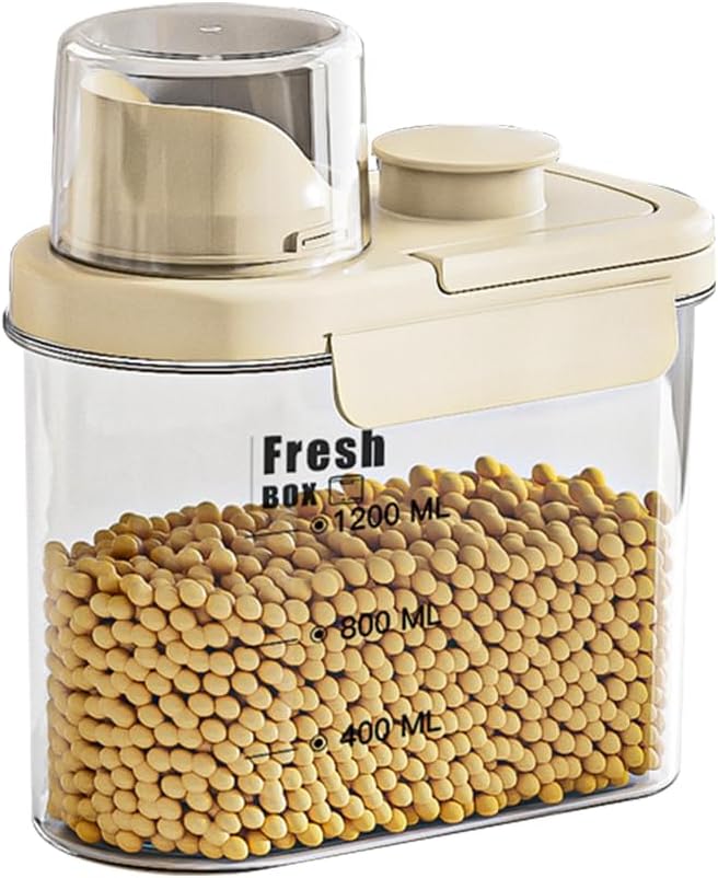 Airtight Rice Storage Container,with Pour Spout & Measuring Cup, BPA-Free - Transparent Dry Food Canister for Cereal, Flour, Pet Food, Oatmeal, Pantry Storage (Cream Yellow, 1600ml)