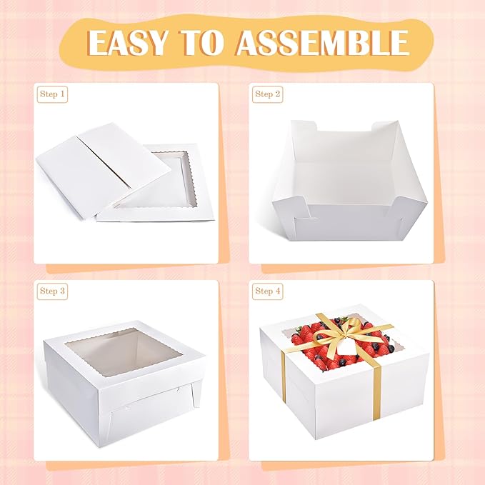 16Pcs 12x12x6 Inch Cake Boxes with Cake Boards (8Pcs White Cake Boxes, 8Pcs Cake Boards), Bakery Boxes with Window, Cake Carrier Container for Birthday Party, Wedding