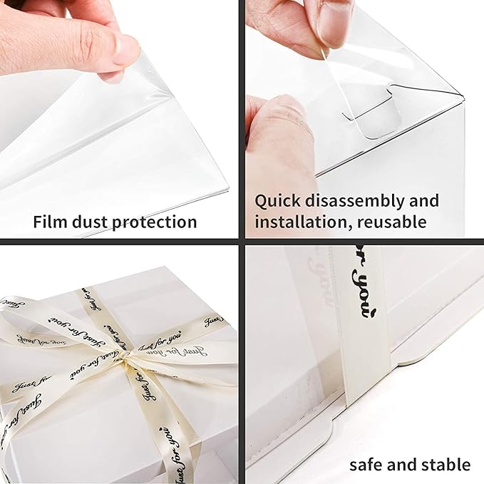 4 Pack Clear Cake Box Carrier 10" X 10" X 9" Cake Packaging Container with Ribbon Transparent Boxes with Lid Gift Package for Birthday Wedding Party, White