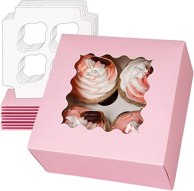 Bakepacker Auto-pop up 4 Cupcake Boxes with Window 20 Count Pink Box 6.3 x 6.3 x 3inch Cupcake Carrier