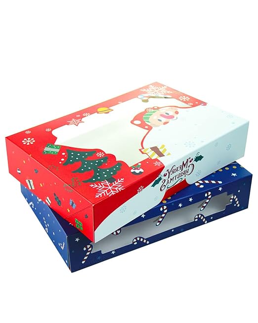 qiqee Christmas Cookie Boxes for Gift Giving 8x5.3x2 inch 50Packs Christmas Bakery Box with Window Treat Box for Donuts Candies and Biscuit