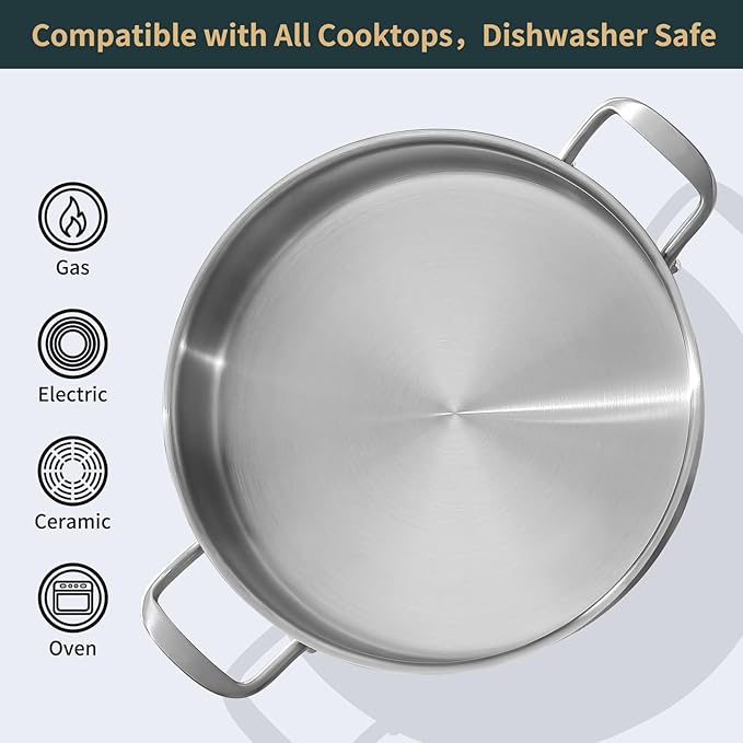 Saute Pan with Lid, 5 Quart Tri-Ply Stainless Steel Saute Pan, 12inch Deep Frying Pan with Lid, Large Skillet, Rondeau Pot with Lid Compatible with All Cooktops Up to 600℉