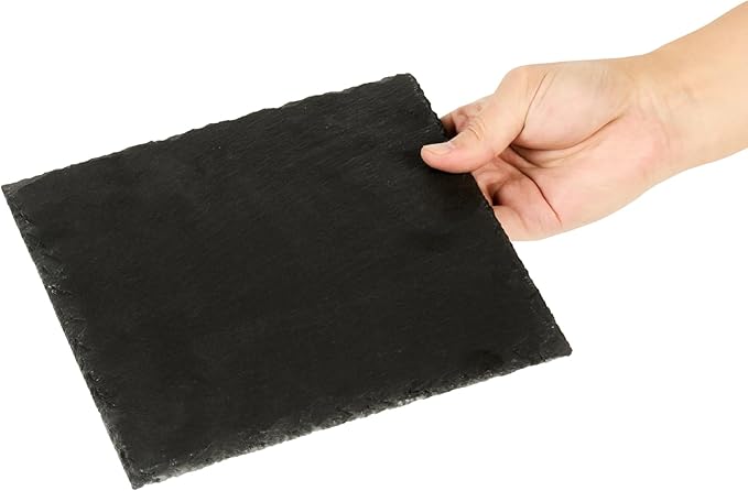 Restaurantware Slate Serving Trays 10 Pack of 8 x 8" Foam Feet Charcuterie Stone Plates Rustic Edges Freezable Black Square Serving Display Cheese Boards for Kitchen, Dining, Parties