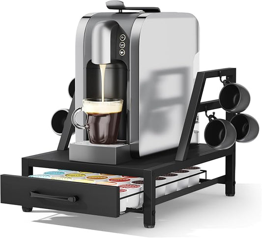 K Cup Holder Drawer - K Cup Storage Organizer, Coffee Pod Drawer with Hooks, Durable Iron-Wood Design, Space-Saving Coffee Station Organizer for Kitchen Counter