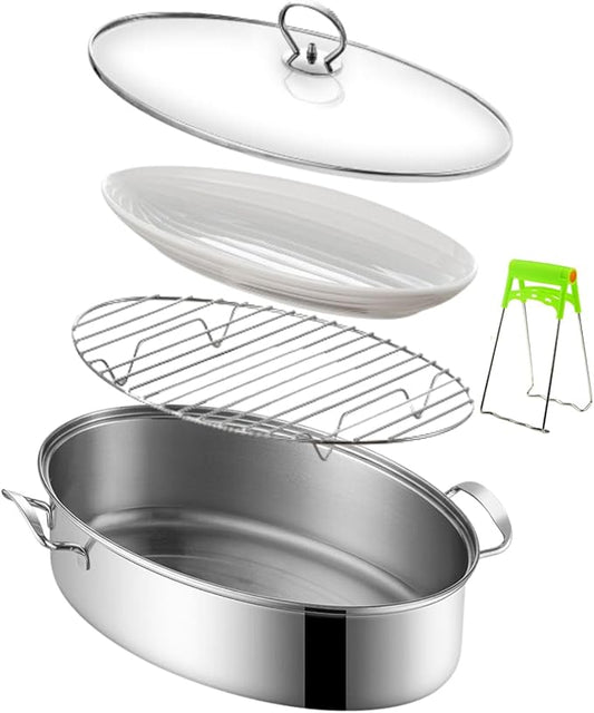 Stainless Steel Fish Steamer Set,Multi-Use Oval Steamer Pot with Glass Lid Rack, Ceramic Plate, Chuck, Steaming Pot for Fish, Oyster,Boiling Soup 15 x 9.8 inches