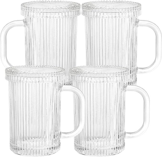 13 oz Clear Ribbed Coffee Mug with Lid, Set of 4 - Classic Glassware for Hot and Cold Beverages (Set of 4)