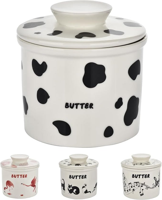 Cows Butter Crock - French Style Ceramic Butter Keeper and Butter Dish with Lid, Black and White Butter Holder for Countertop Storage, Airtight Container for Soft, Spreadable Butter