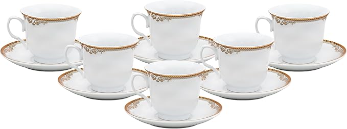Porcelain Tea Set, 12 Piece - Elegant White with Gold Floral Edge Design - 5.5 Inch Saucers, 6.5 oz Cups - For Adults Tea Party or Everyday Dinnerware (Floral Gold)