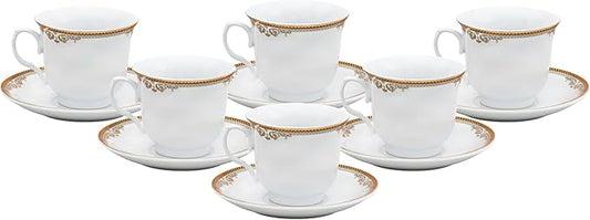 Porcelain Tea Set, 12 Piece - Elegant White with Gold Floral Edge Design - 5.5 Inch Saucers, 6.5 oz Cups - For Adults Tea Party or Everyday Dinnerware (Floral Gold)
