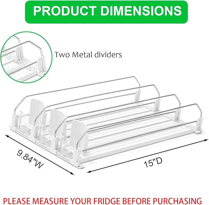 Rula Drink Organizer for Fridge, Width Adjustable Water Bottle Pusher Glide, Self-Pushing Soda Can Dispenser for Refrigerator - Holds up to 15 Cans (15"D, 3 Rows)