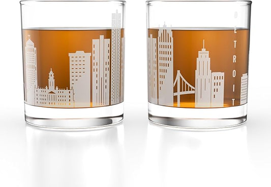 Greenline Goods – Detroit, MI Skyline Whiskey Glasses (Set of 2), 10 oz – Rocks/Old Fashioned Tumblers