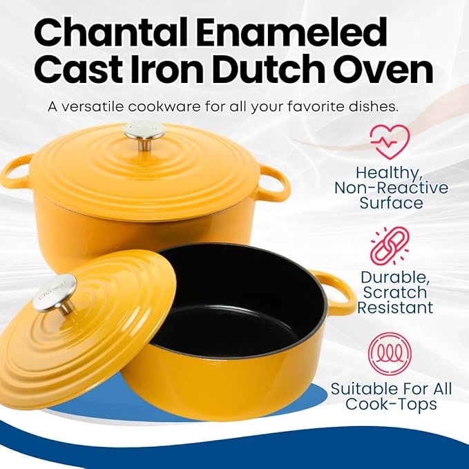 Chantal Enameled Cast Iron Cookware, 5 pc Set; 5Qt Dutch, 4Qt Covered Skillet and 10" Fry Pan, Marigold