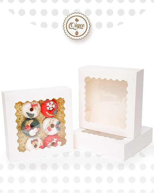 qiqee Auto-pop Up White Pie Boxes with Window 10x10x2.5 inch 20Packs Cookie Donut Bakery Box