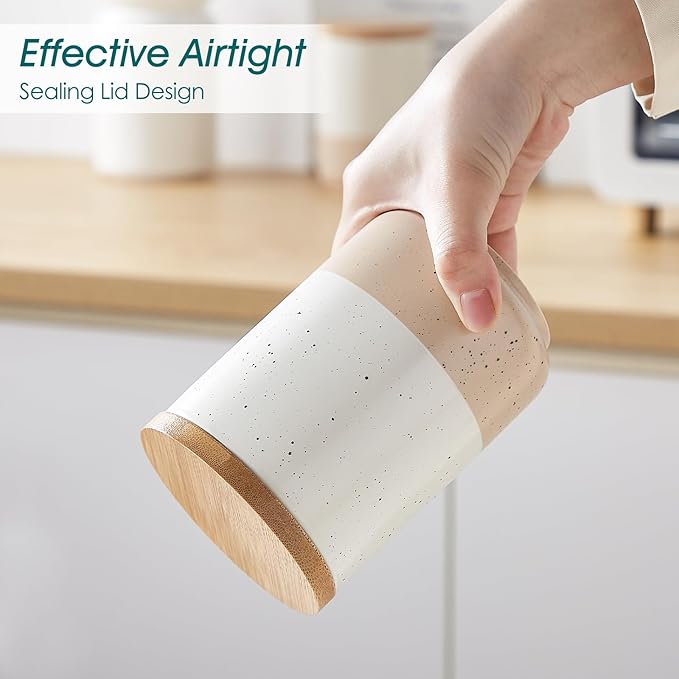 vancasso Sabine Ceramic Canister Set with Airtight Wood Lids - 4-Piece Small Kitchen Storage for Coffee, Sugar, Tea & Spices (18 oz Each) - Compact Countertop Jars