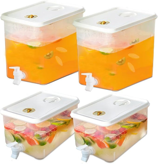 Beverage Drink Dispenser for Fridge, Plastic Beverage Dispenser with Spigot，Juice Container Sealed with Filter Screen，Cold Hot Drink Jug for Christmas Party Supplies (4PCS 1Gallon 2Gallon)