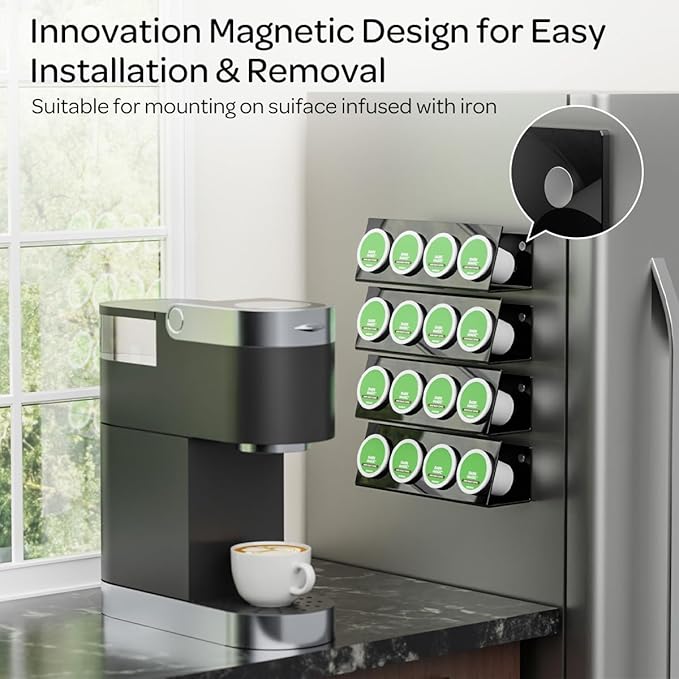K Cup Holders, Acrylic Coffee Pods Organizer Stand Magnetic & Self-Adhesive for Kitchen Wall, Cabinet, Fridge (4 Pack for 16 Pods)