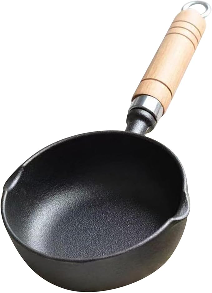 Cast Iron Melting Pot, 4.3 inch Mini Egg Frying Pan Oil Heating Pan Milk Butter Warmer Pot with Wood Handle for Home Kitchen