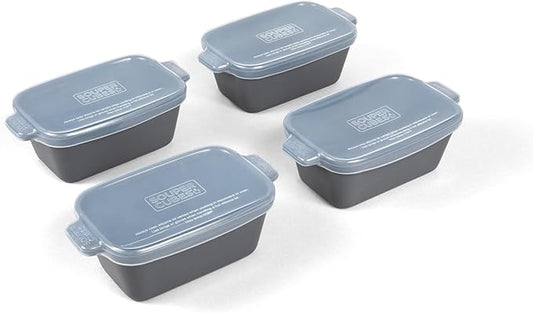 Souper Cubes Stoneware - Small Ceramic 5" x 3" Baking Dish with Silicone Covers, Small Baking Dishes for Oven Perfect for Reheating Single Serve Portions, Set of 4 - Charcoal