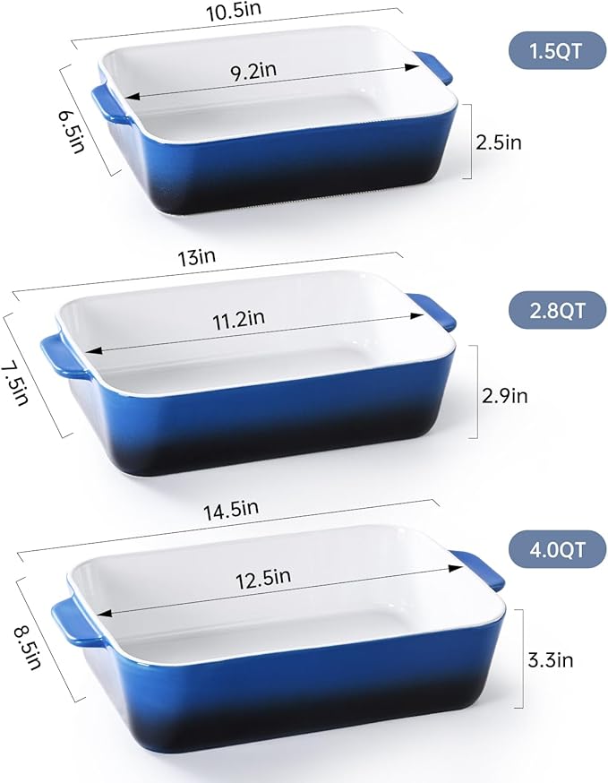 Casserole Dishes for Oven: Ceramic Rectangular Baking Dish, 14.5''/13''/10.5'' Lasagna Pans, Bakeware Sets for Cooking, Kitchen, Cake Dinner, Banquet and Daily Use, Blue