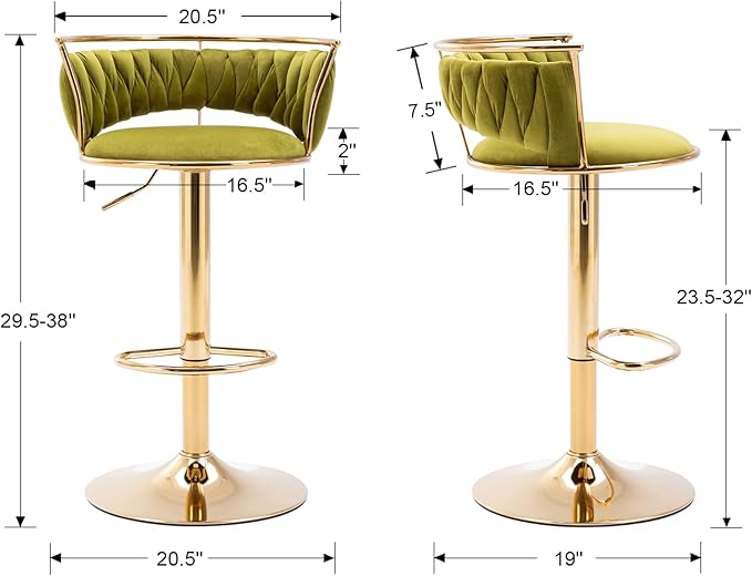 LukeAlon Velvet Adjustable Barstools Set of 2, Modern 360° Swivel Counter Stools with Golden Base Upholstered Open Back Tall Bar Chairs with Footrest for Home Kitchen, Green