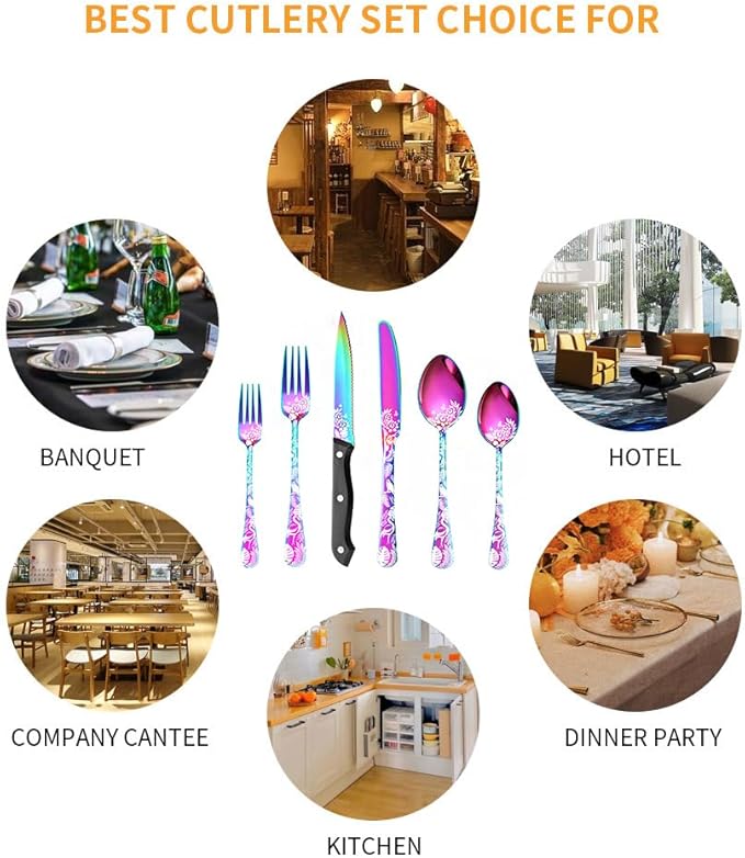 Premium 24 Piece Western Pattern Steak Knife,Fork and Spoon Set,Set for 4,Stainless Steel Cutlery Set with Gift-Ready Box,Dishwasher Safe, Ergonomic Design (Multicolor)