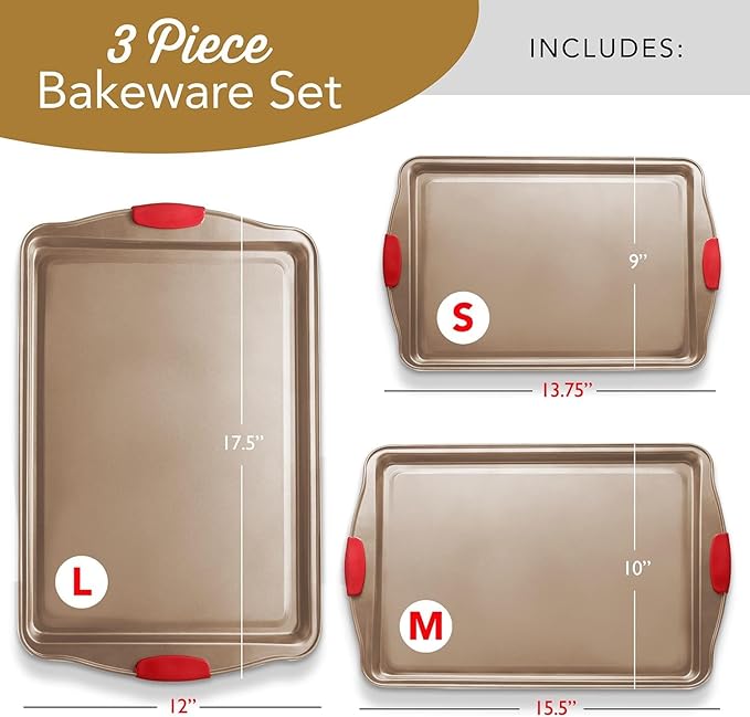 Baking Sheet Set, 3-Piece Cookie Sheet Set with Silicone Handles, Steel Baking Pans Set, Durable Baking Sheets for Oven, BPA Free Cookie Sheets for Baking Nonstick Set, Sheet Pan - Bronze Baking Pan