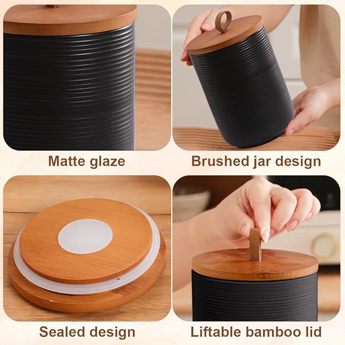 Comeon Ceramics Canister with Lid, Matcha Container Jar for Spice Sugar Tea Bag Coffee Canister Sets for Kitchen Counter with Bamboo Lid (Black three-piece set)