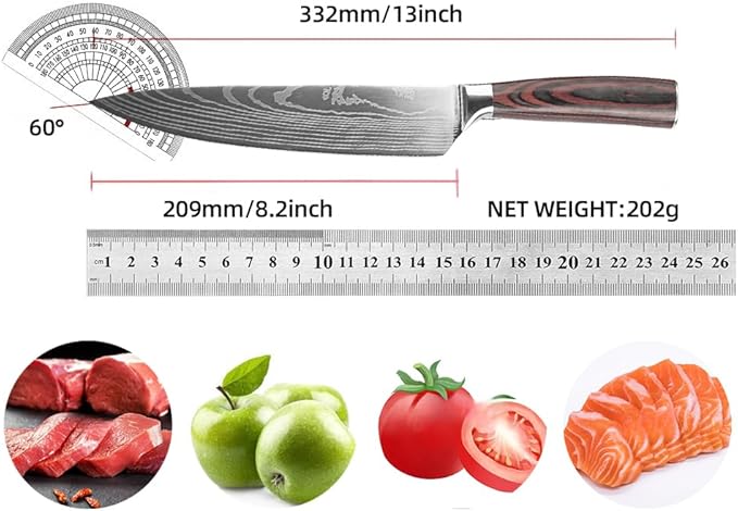 Kitchen 8 Inch Chef's Knife, Professional Japanese Chef Knives with High Carbon Stainless Steel Ultra, Sharp Knives with Ergonomic Color Wooden Handle for Cooking Meat, Fruits, Vegetables.