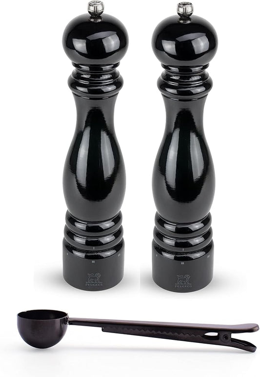 Peugeot Paris u'Select 6 Setting Manual Salt & Pepper Mill Set With Black Stainless Steel Spice Scoop Made In France (Black Lacquered, 12- Inch)