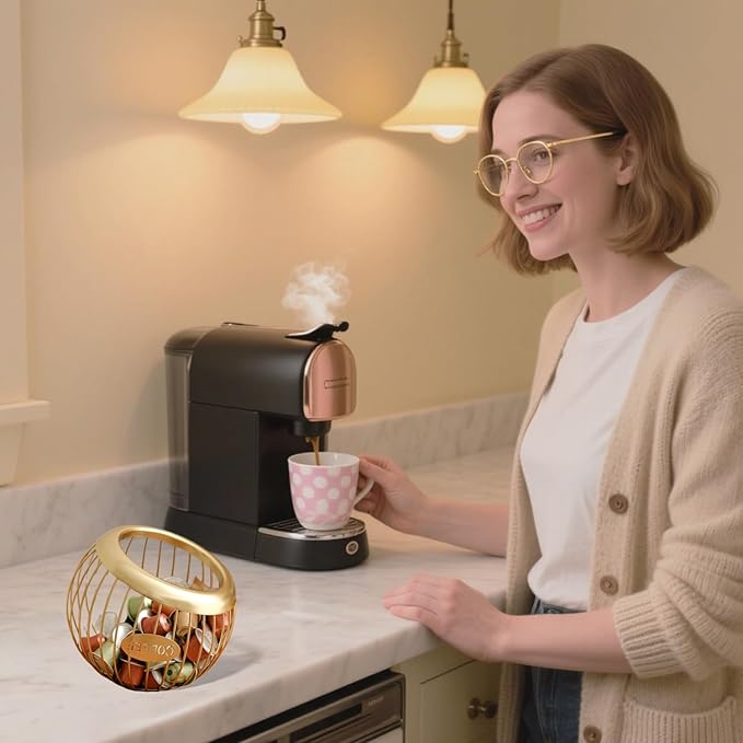 Metal Coffee Pod Holder Wire Coffee Pods Storage Basket Espresso Capsule Storage for Home Kitchen Cafe Hotel (Gold spherical)