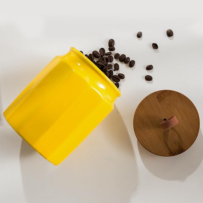 Ceramic Canister Sets for Kitchen Counter, 4-Piece Food Airtight Storage Jars for with Wood Lid, Storage Container for Coffee, Flour, Tea, Candy, Cookie, Spice