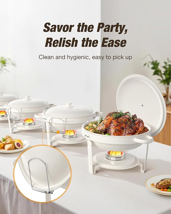 White Chafing Dishes for Buffet (5QT, 2Pack), Maifanite-Coated Round Chafers and Buffet Warmers Set w/Mirror-Polished Stainless Steel, Rolled Rim, Stackable, Lid Holder for Party, Wedding