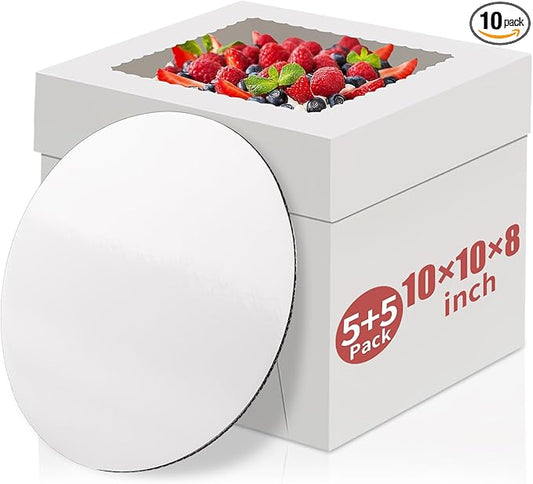 WINKIO Cake Box with Cake Boards, 10 Pack Disposable Cake Carrier, Cakes Transport Container, White Bakery Holder with Window (10, white, 10x10x8 In)