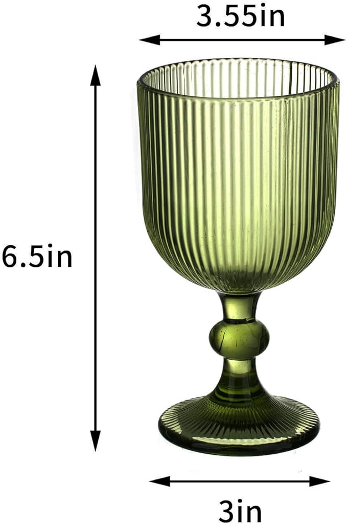 Green Vintage Wine Glasses Set of 6, 11 Ounces Colored Glass Water Goblets, Unique Embossed Pattern High Clear Stemmed Glassware Wedding Party Bar Glass Drinking Cups Fancy Glasses Vertical Line