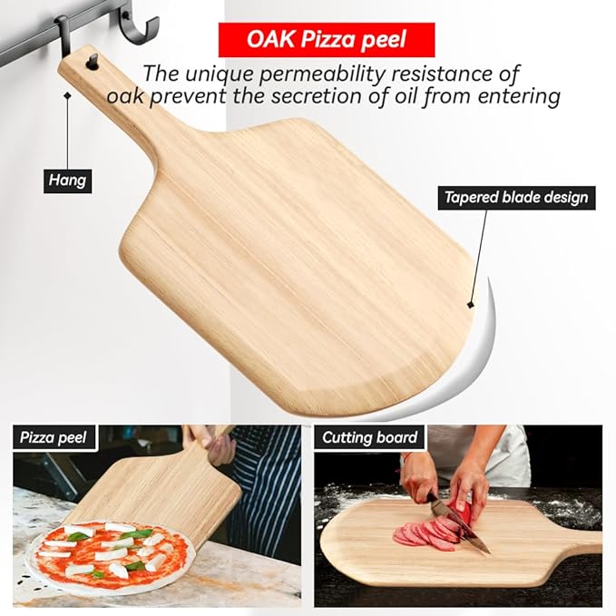 5 PCS Rectangle Pizza Stone Set, 16"Large Pizza Stone for Oven and Grill with Pizza Peel(OAK), Stone Brush,Pizza Cutter & 10pcs Cooking Paper for Free, Baking Stone for Pizza, Bread,BBQ