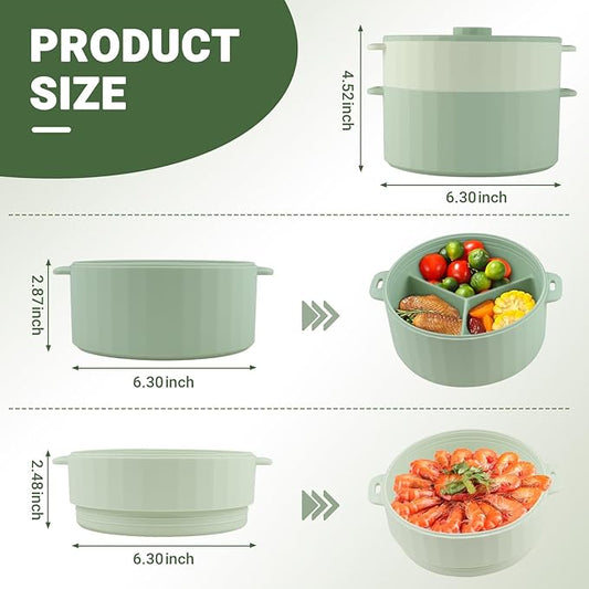 Double-Layer Microwave Steamer Basket, Food-Grade Steamer Pot for Vegetables with Handle and Lid, Heat-Resistant Microwave Steaming Bowl for Easy Clean, Dishwasher Safe, 3 Compartmented