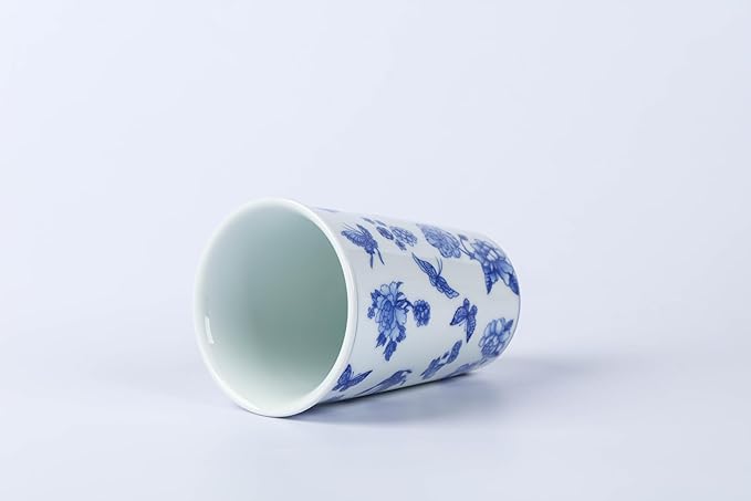 14 oz ceramics Handmade blue and white Retro Coke cups coffee tea set of 4 china Coffee Mugs for Tea, Milk,Dishwasher and Microwave Safe，Free gift soft silicone cover and gift box