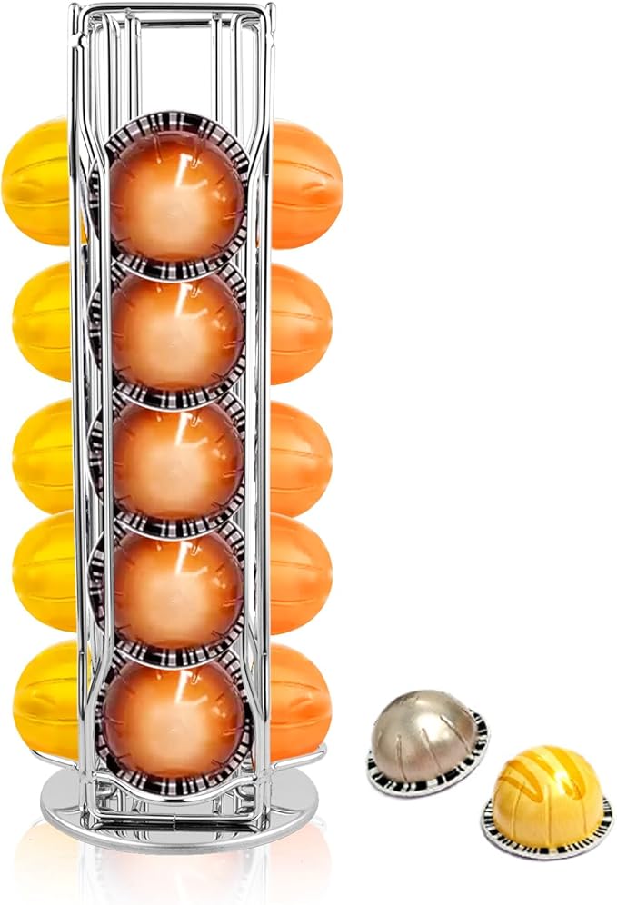 Coffee Pod Stand Holder for Nespresso Vertuoline 20 Pods, Coffee Bar Vertuo Pod Organizer Rack, 360° Rotating Coffee Capsule Holds Storage, 20 Pods Holder Spinner for Nespresso Vertuo Line (Silver)