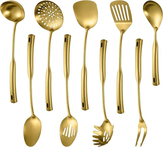 304 Stainless Steel Kitchen Cooking Utensils Set - 9 PCS Serving Utensils, Include Skimmer, Soup Ladle, Spaghetti Server, Wok Spatula, Slotted & Solid Spoon, Slotted Spatula Turner, Meat Fork (Gold）