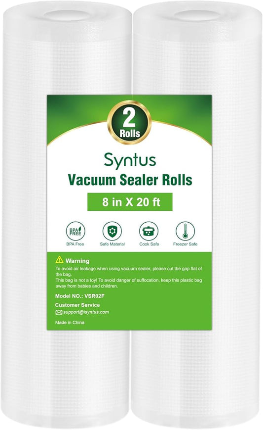 Syntus Vacuum Sealer Bags for food, 2 Pack 8" x 20' Commercial Grade Bag Rolls, Food Vac Bags for Storage, Meal Prep or Sous Vide