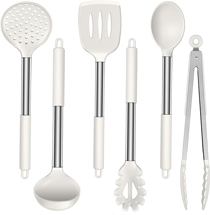 LIANYU Silicone Cooking Utensils Set, 6 Piece Kitchen Cooking Utensils Set, Heat Resistant Kitchen Spatula Gadgets Tools for Nonstick Cookware, Stainless Steel Handle, Dishwasher Safe, White