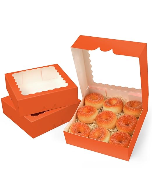 qiqee Auto-pop Up Orange Pie Boxes with Window 10x10x2.5 inch 30Packs Cookie Donut Bakery Box