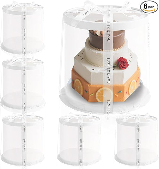6Pcs 8.5*9.5inch Round clear cake boxes with Ribbon,Ideal for 7inch and 6inch Tall Layer Tiered Cakes,Multi-Layer cake boxes for Christmas Bakery Treat,Transparent Boxes(Clear Lid, Round 8.5inch/6Pcs)